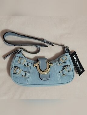 True Religion Light Wash Denim Buckle Accents Shoulder Bag